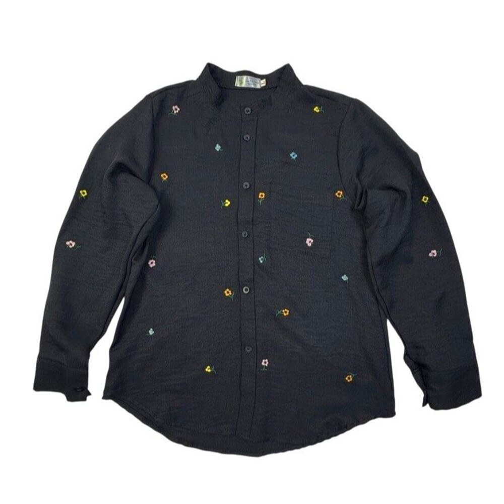 Black Dainty Floral Embroidered Mandarin Collar Button Up Blouse Hoa Tra Shop L